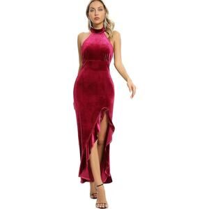 Aigeman Womens Halter Neck Velvet Maxi Dress Backless Split Velvet Mermaid Small